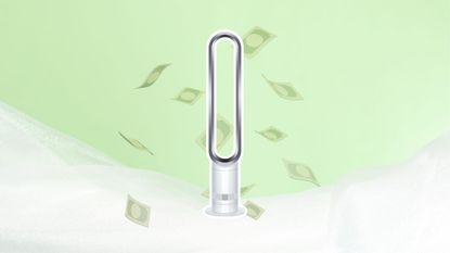 Learning the cost to run a fan will come in useful. Here is a curved silver and white fan with dollar emojis around it with a light green and white background behind it