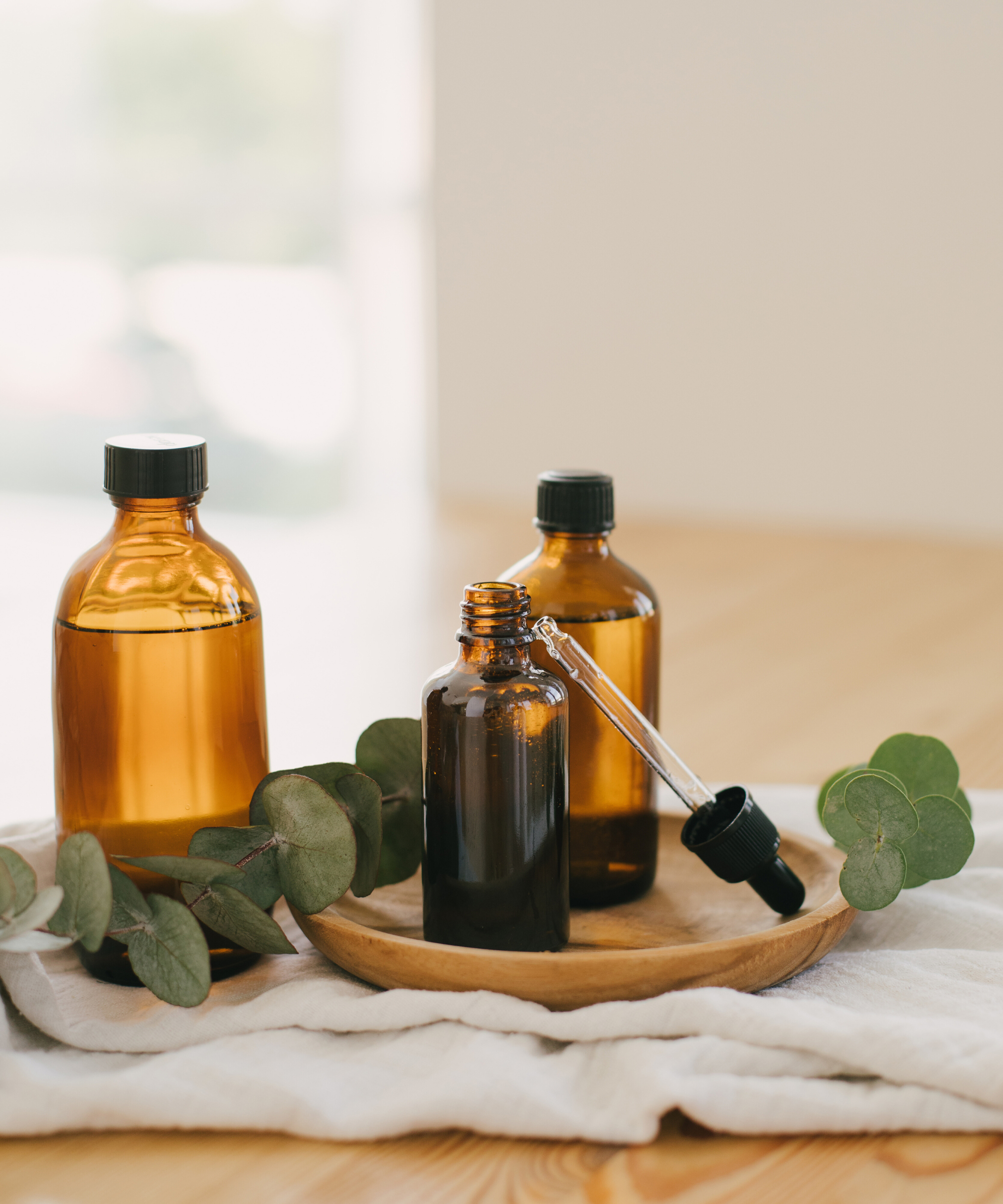 Eucalyptus essential oils in glass bottles