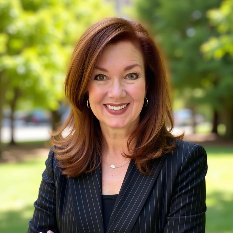 smiling woman with shoulder-length red hair wearing a dark blazer and shirt
