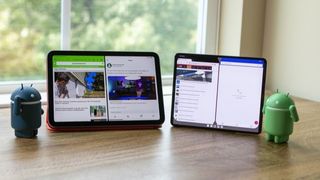Split Screen View iPad Mini next to Galaxy Z Fold 3 and Android Figures