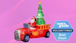 HomCom 7.5ft Christmas Inflatable Santa Claus Driving a Fire Truck with Tree Outdoor Blow Up Yard Decoration with LED Lights Display