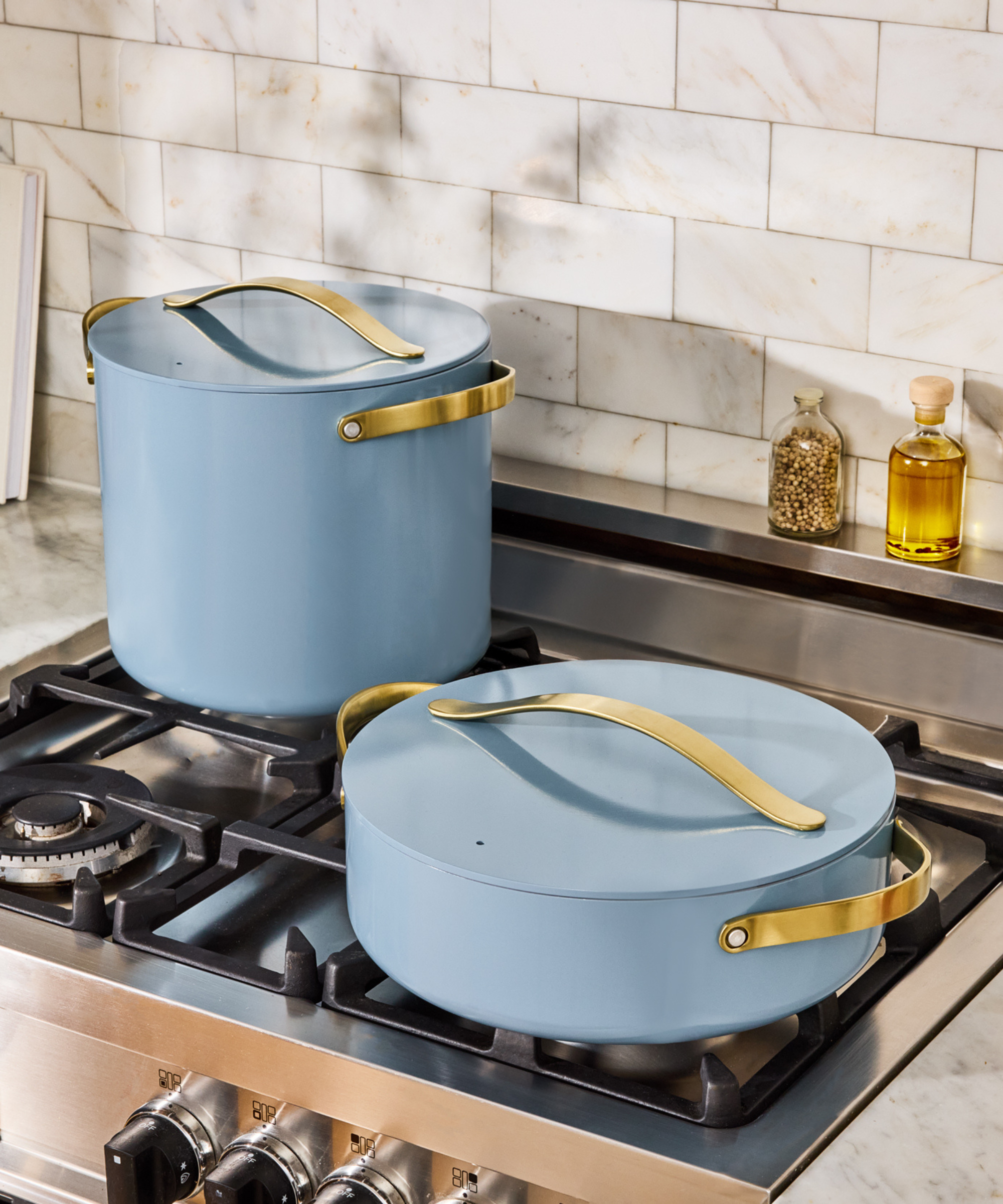 Caraway Blue Lagoon rondeuse and stock pot, now available at Crate &amp;amp; Barrel
