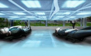 Visitors can slide under a horizontal screen using caster-footed loungers