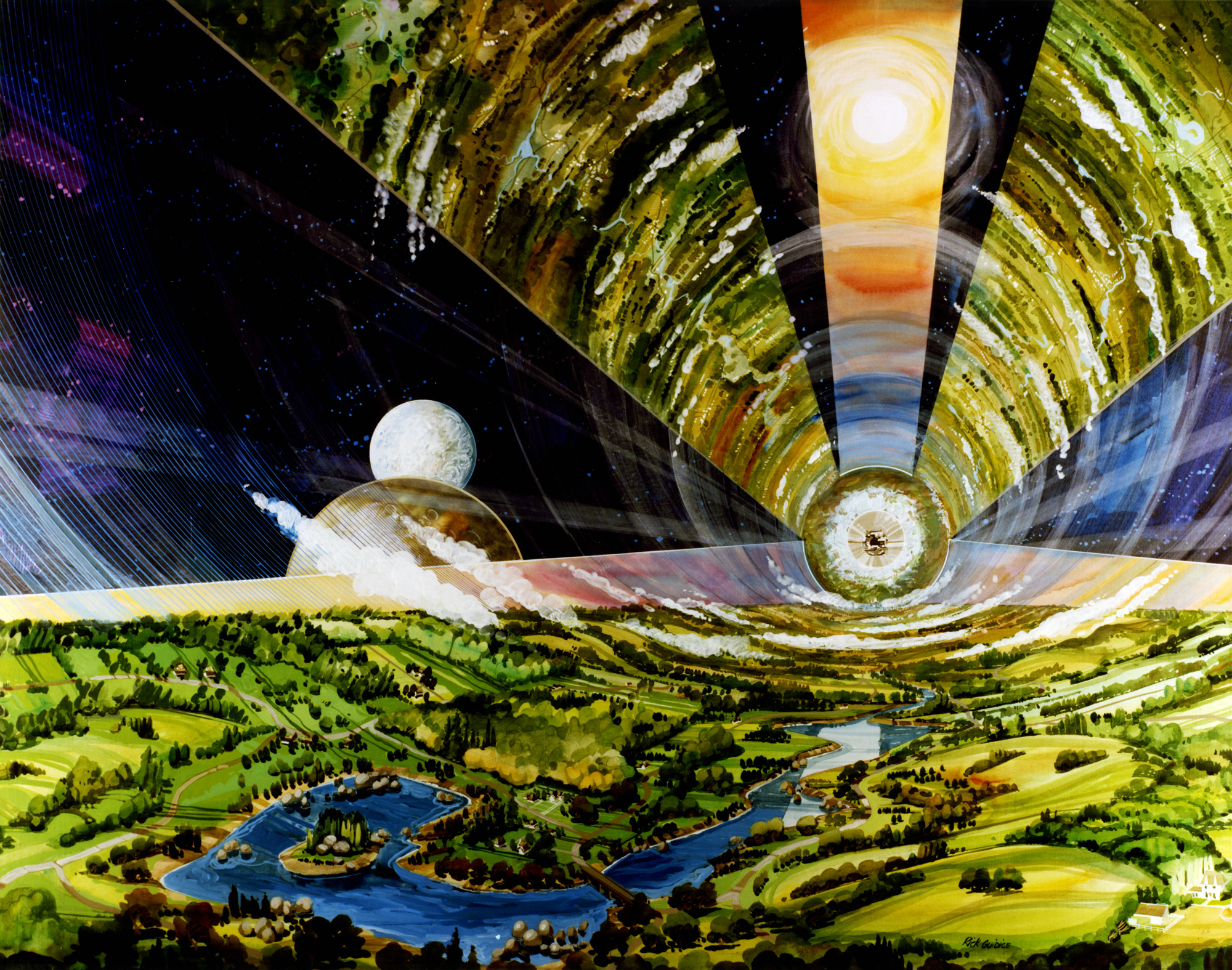 Artist Rick Guidice&#039;s 1970s illustration of a cylindrical space colony ship.