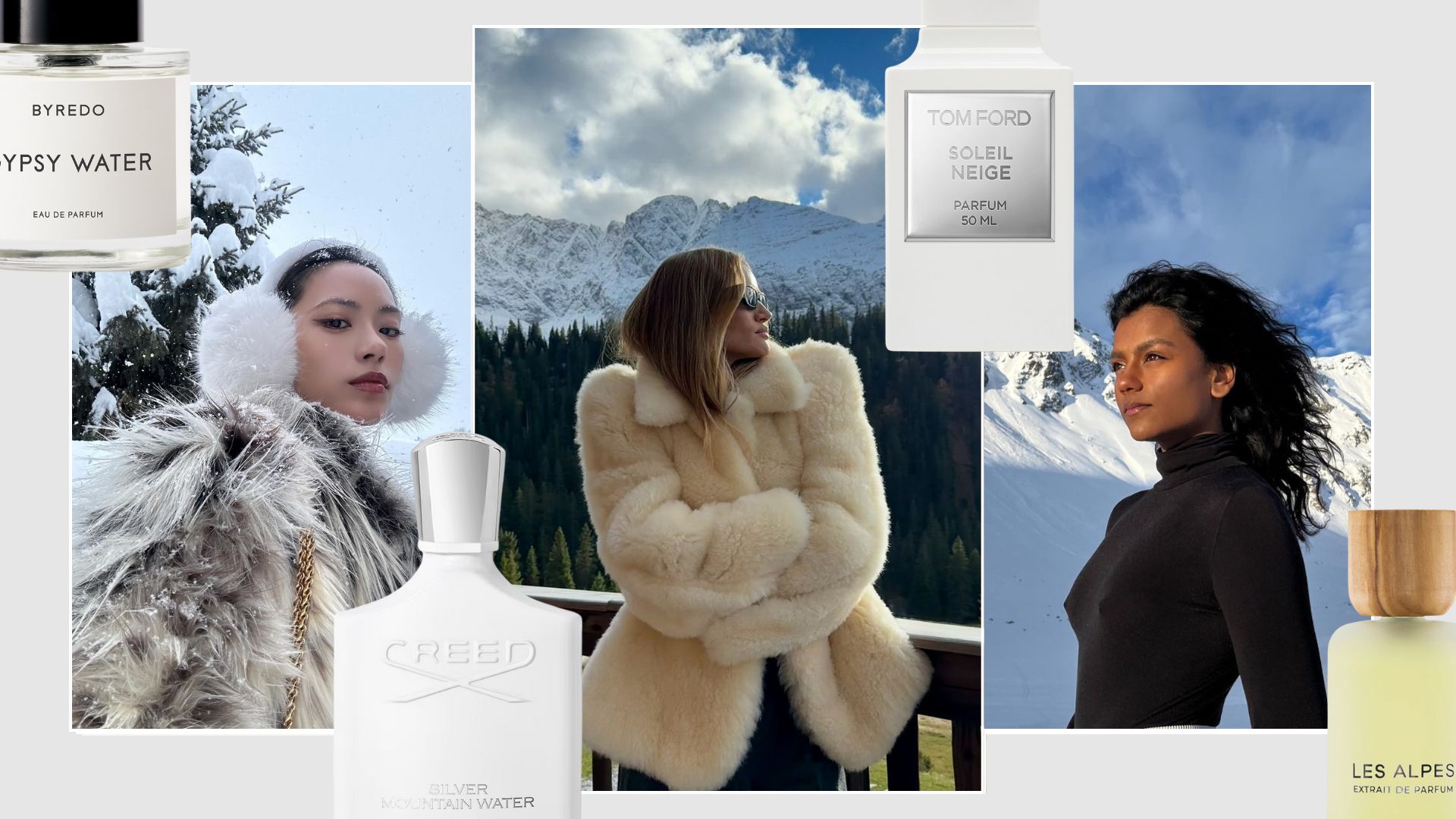 A collage with photos of @michellaccc, @rosiehw, @simoneashley in the mountains with mountain-inspired perfume bottles layered on top