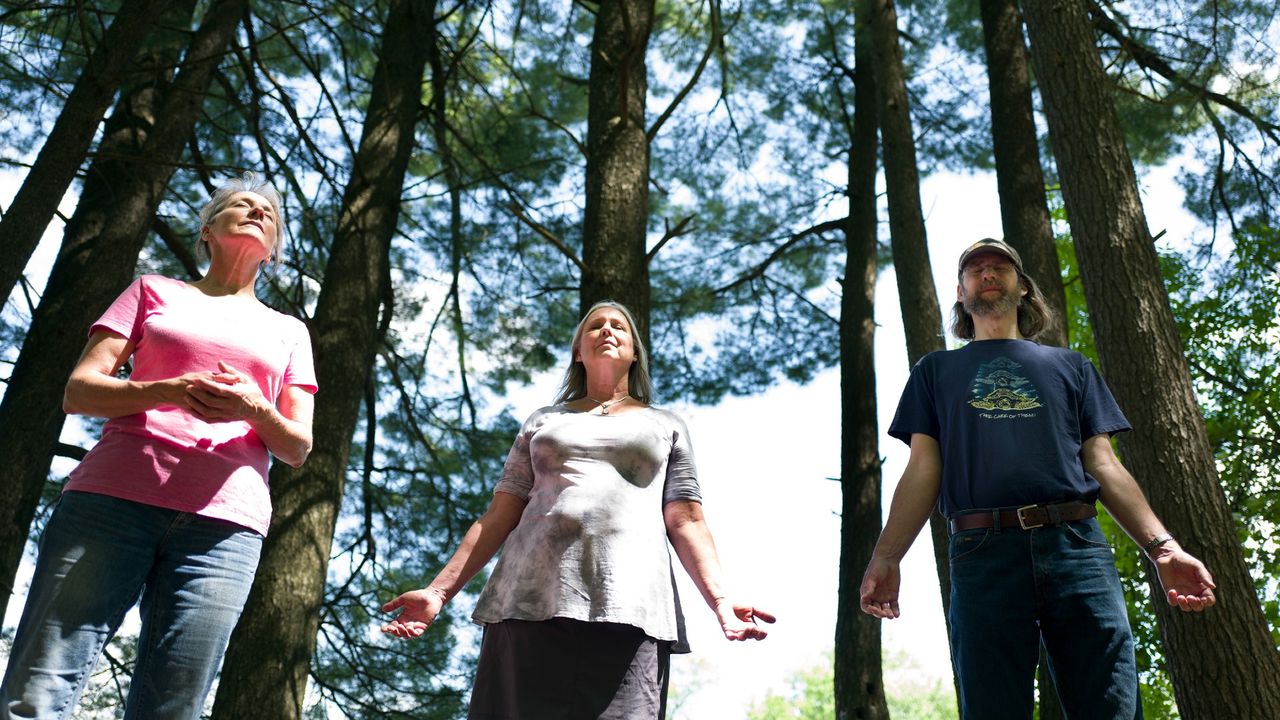 People participate in a forest bathing exercise in Marine on St. Croix, Minnesota. 