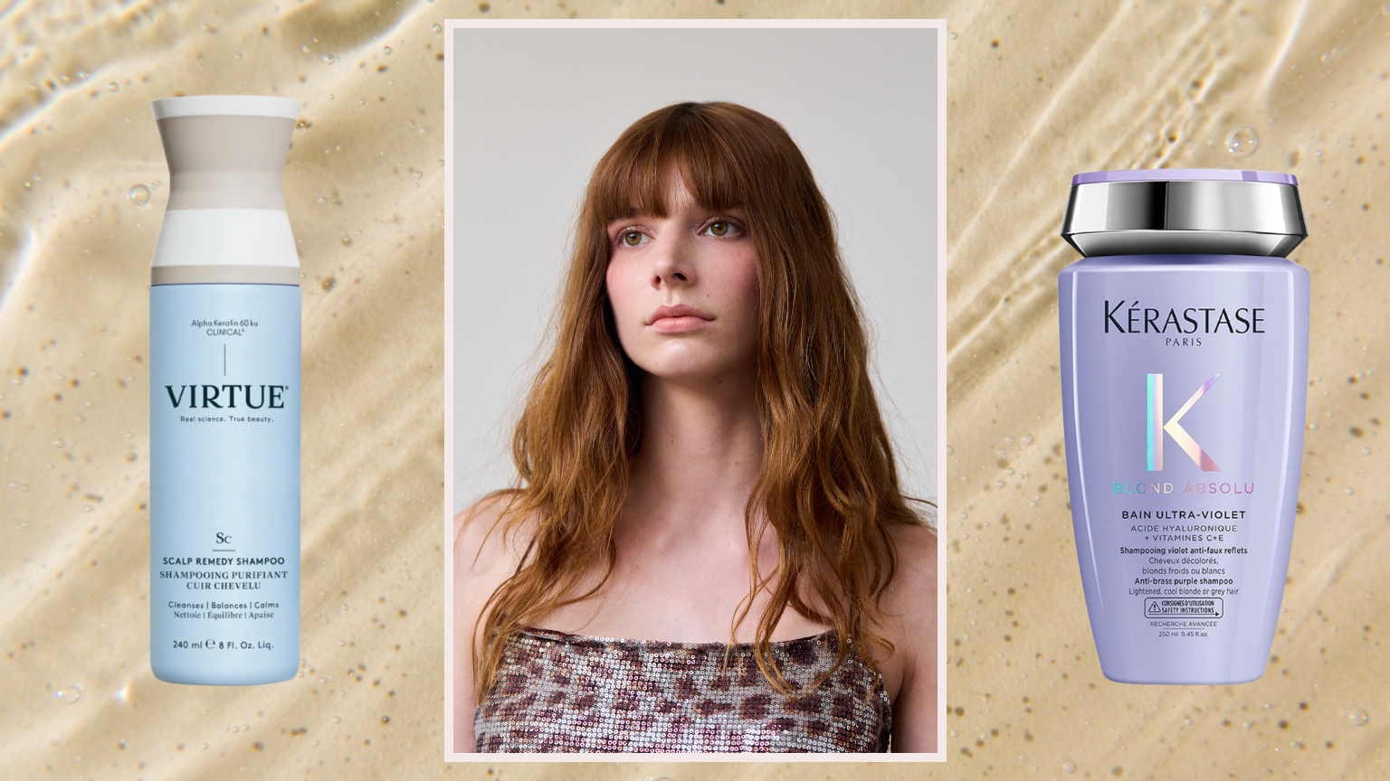 a woman with red hair and bands in a leopard print top on a cream background with a bottle of luxury shampoo on the left and right