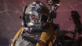 Screenshot from Arc Raiders launch trailer shows a person wearing a helmet with a visor that covers their face.