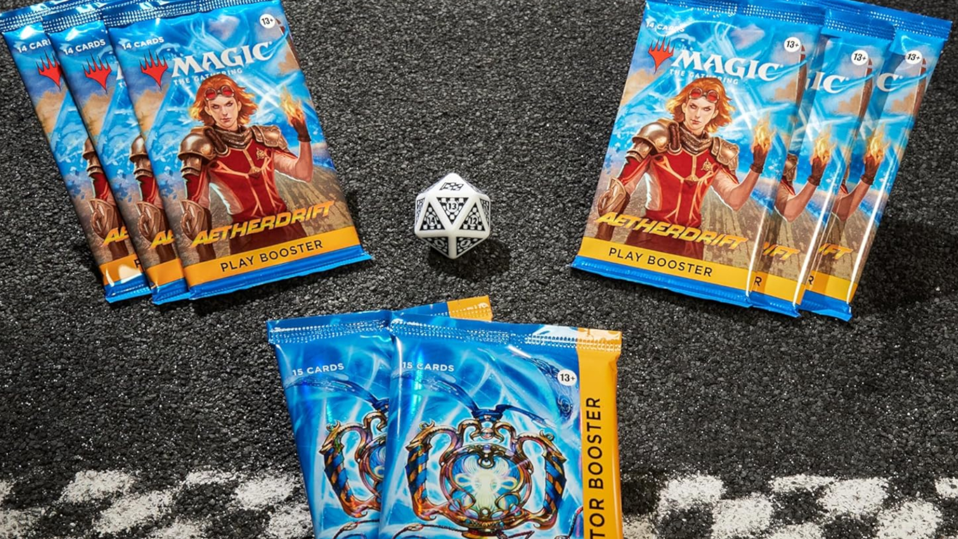 Aetherdrift Play and Collector Boosters laid out on tarmac, with a d20 die between them