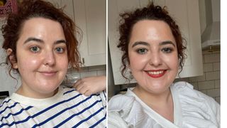 Two selfies of beauty editor Rhiannon Derbyshire with and without makeup, to illustrate the results of the Skin + Me review