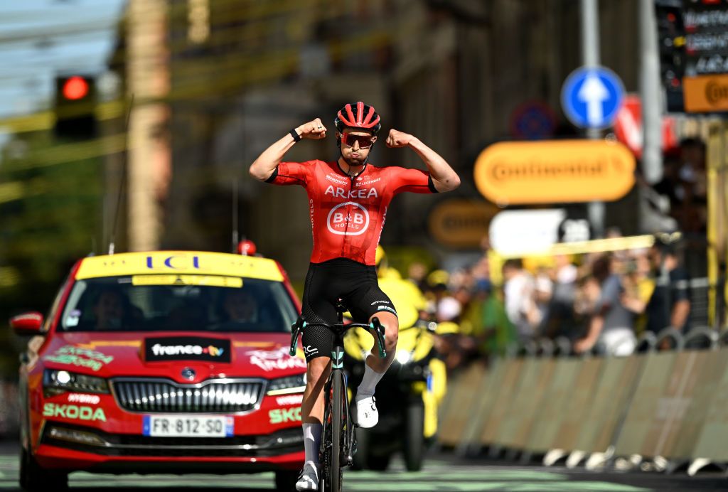 BOLOGNA, ITALY - JUNE 30: Kevin Vauquelin of France and Team Arkea - B&amp;B Hotels celebrates at finish line as stage winner during the 111th Tour de France 2024, Stage 2 a 199.2km stage from Cesenatico to Bologna / #UCIWT / on June 30, 2024 in Bologna, Italy. (Photo by Tim de Waele/Getty Images)