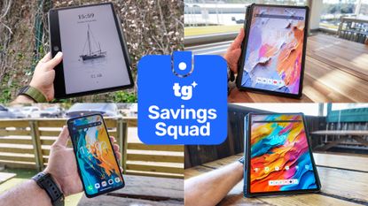A four-way composite shot showing three TCL NXTPAPER tablets and a NXTPAPER phone with a Tom's Guide Savings Squad badge in the middle