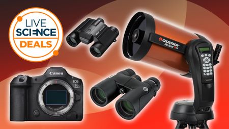 a camera, telescope and binoculars on a red background