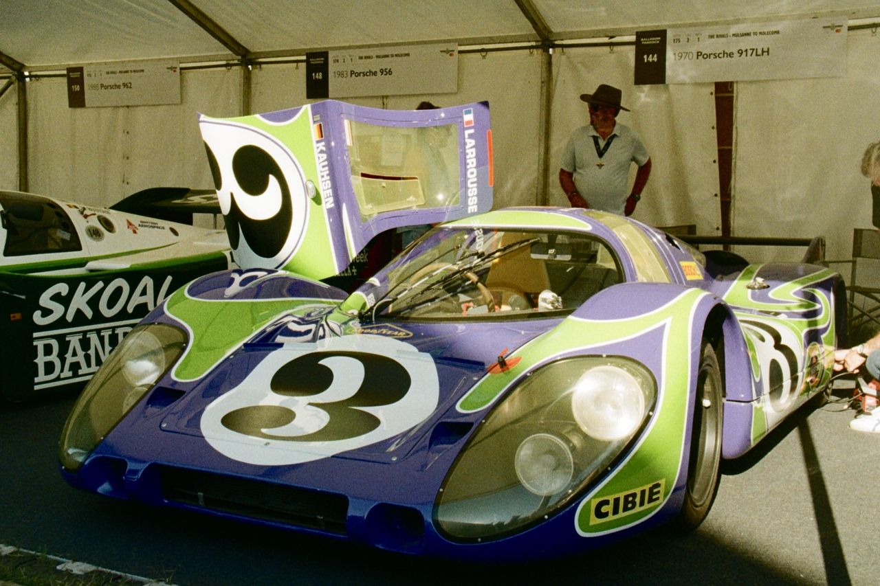 Details of the very cosmic green, purple and white Porsche 917