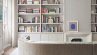 A living room with book filled shelves and a modern curved fireplace