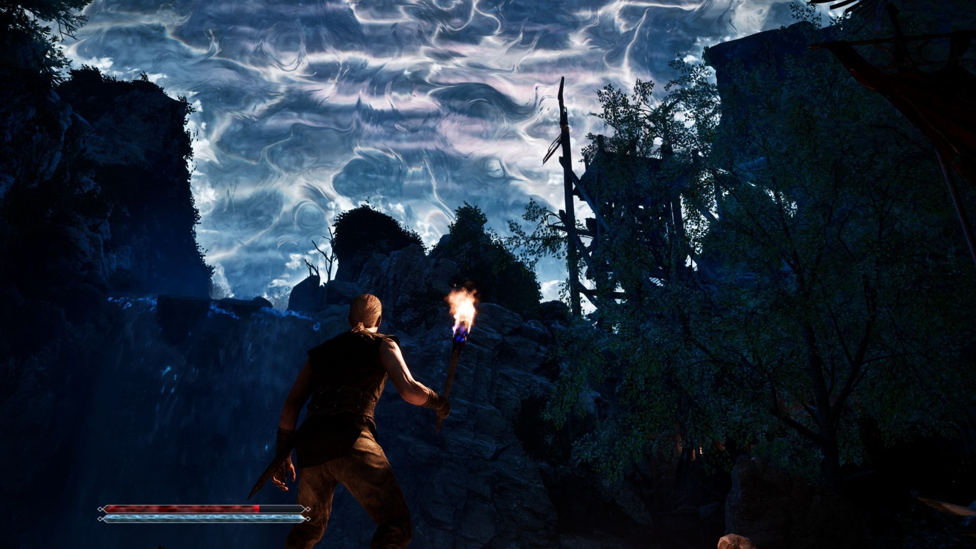 Holding a torch while looking up at a magical barrier