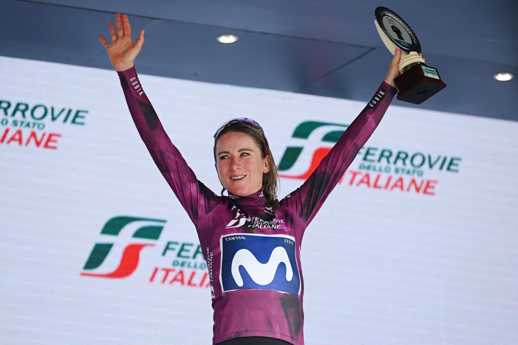 CERES ITALY JULY 04 Annemiek Van Vleuten of The Netherlands and Movistar Team celebrates at podium as Purple Points Jersey winner during the 34th Giro dItalia Donne 2023 Stage 5 a 1056km stage from Salassa to Ceres UCIWWT on July 04 2023 in Ceres Italy Photo by Dario BelingheriGetty Images