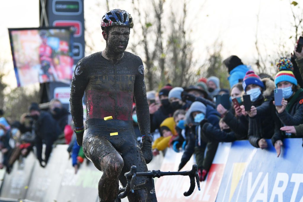 BOOM BELGIUM DECEMBER 04 Wout Van Aert of Belgium and Team Jumbo Visma celebrates at finish line as race winner during the 7th Superprestige Cyclocross Boom 2021 Mens Elite SPBoom Superprestige2022 on December 04 2021 in Boom Belgium Photo by Luc ClaessenGetty Images