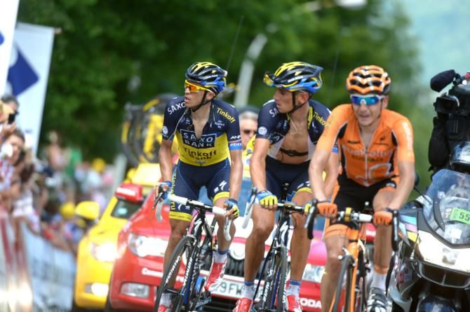 Saxo-Tinkoff's Roman Kreuziger and Alberto Contador approach the finish of stage 8 and would concede 1:45 to winner Chris Froome