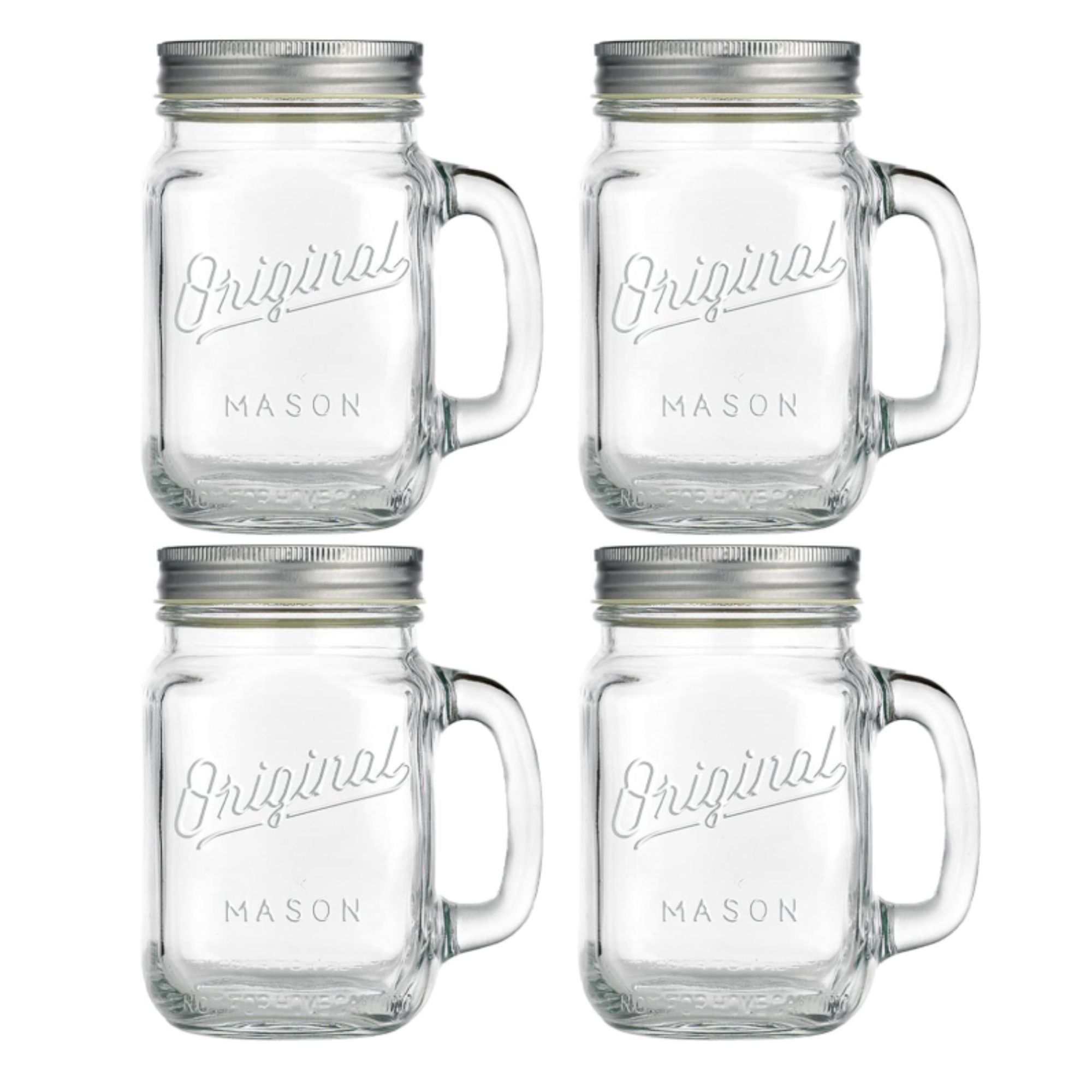 four Mason jar mugs with handles and lids