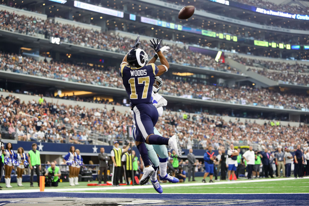 ARLINGTON, TX - OCTOBER 01: Los Angeles Rams wide receiver Robert Woods (17) appears to have caught a touchdown over Dallas Cowboys cornerback Anthony Brown (30) but is called incomplete during the NFL game between the Los Angeles Rams and Dallas Cowboys on October 1, 2017 at AT&T Stadium in Arlington, TX. (Photo by Andrew Dieb/Icon Sportswire)