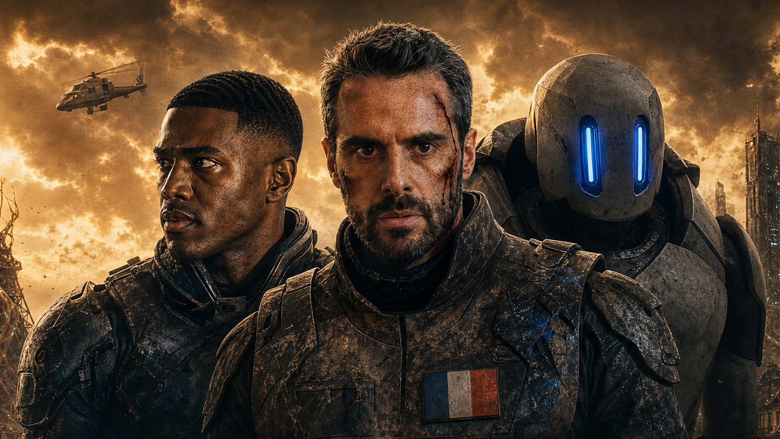 Catacombs AI film, two men and a robot stand in front of a destroyed Paris