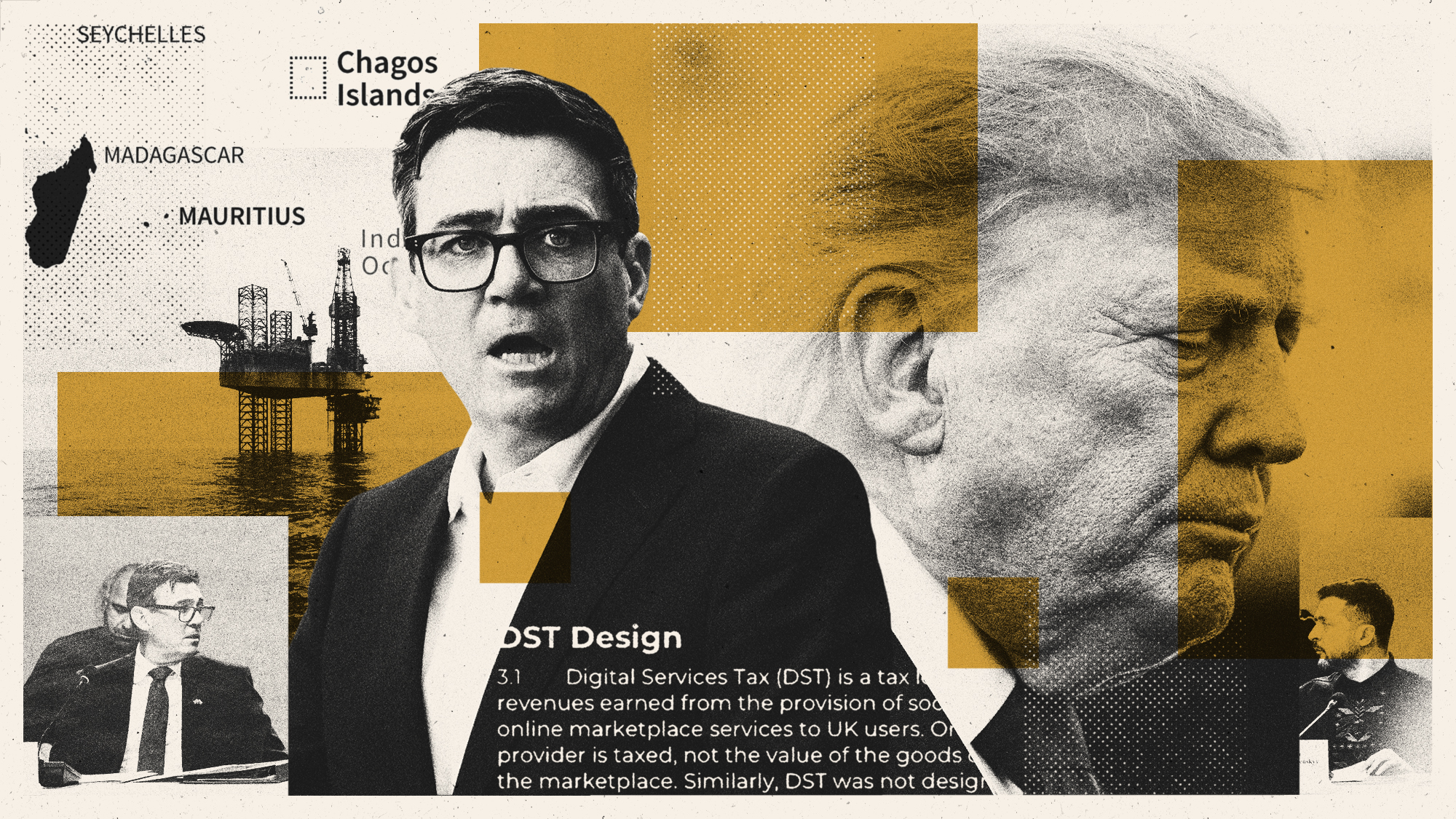 Photo collage illustration of Andy Burnham, Donald Trump, Volodymyr Zelenskyy, an oil rig, map of the Chagos Islands, and policy wording on the DST