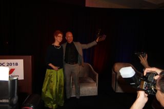 Gerard K. O'Neill's widow Tasha presents award to Jeff Bezos.