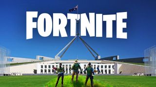 Parliament house with Fortnite characters and logo superimposed