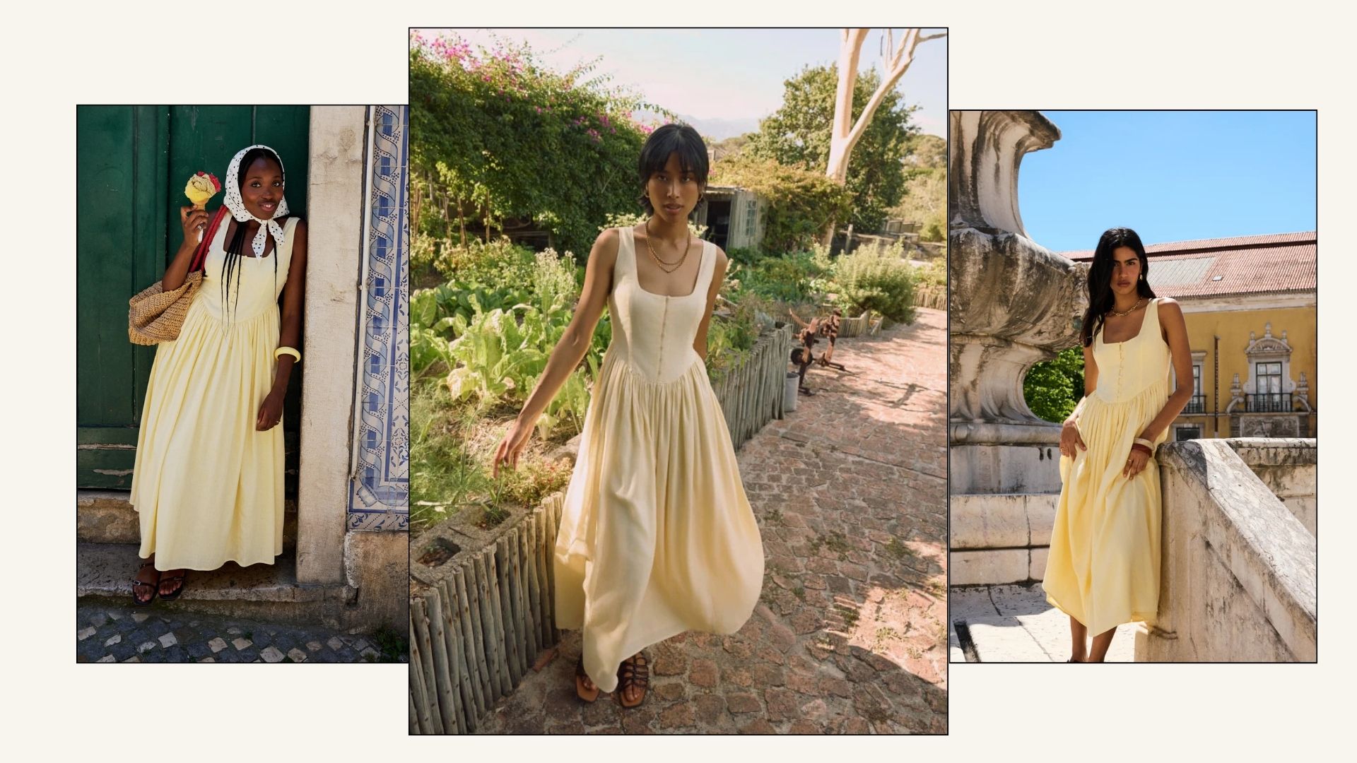 Three models wearing butter yellow dress