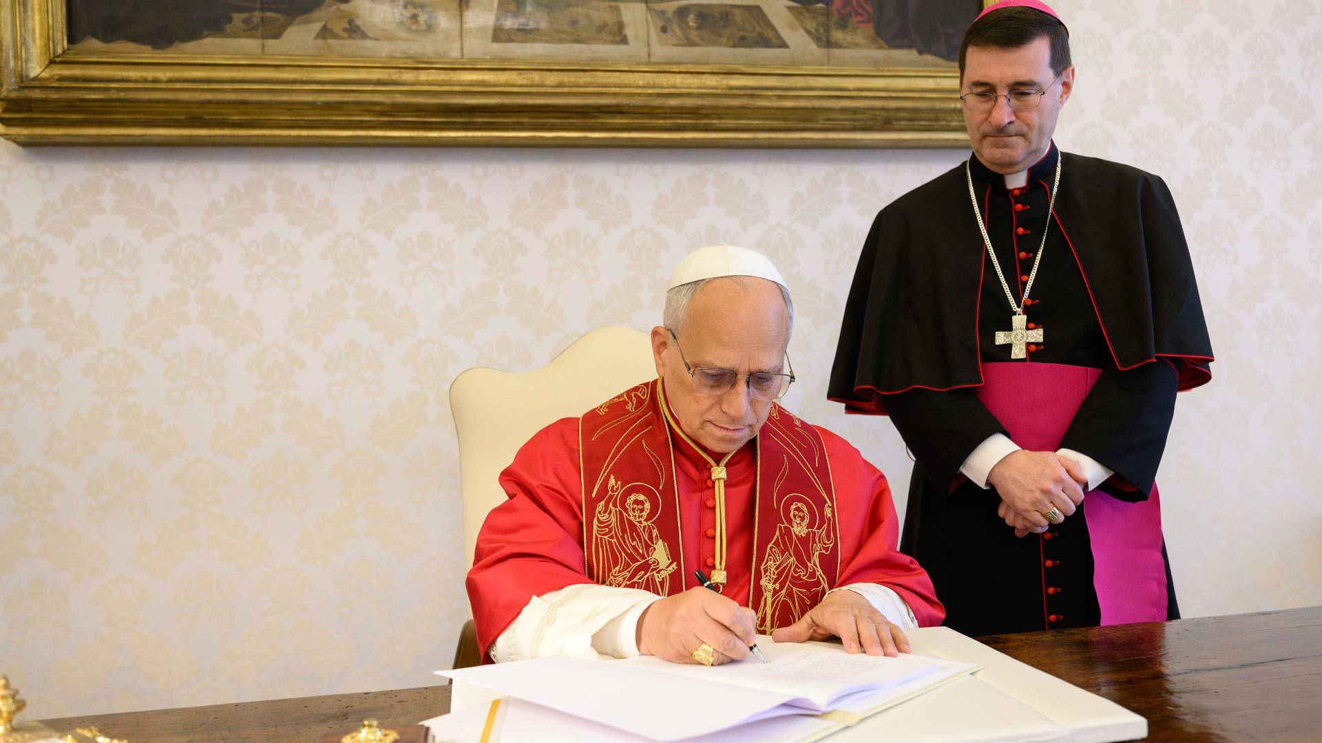 Pope Leo XIV signs "Magnifica humanitas" at the Apostolic Palace on May 25, 2026 in Vatican City, Vatican.
