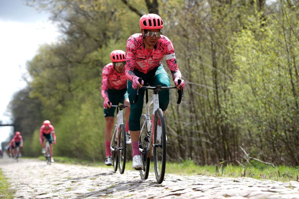 ROUBAIX FRANCE APRIL 14 Stefan Bissegger of Switzerland and Team EF Education Easypost trains at Troue dArenberg cobblestones sector during the 119th ParisRoubaix 2022 Training ParisRoubaix WorldTour on April 14 2022 in Roubaix France Photo by Bas CzerwinskiGetty Images