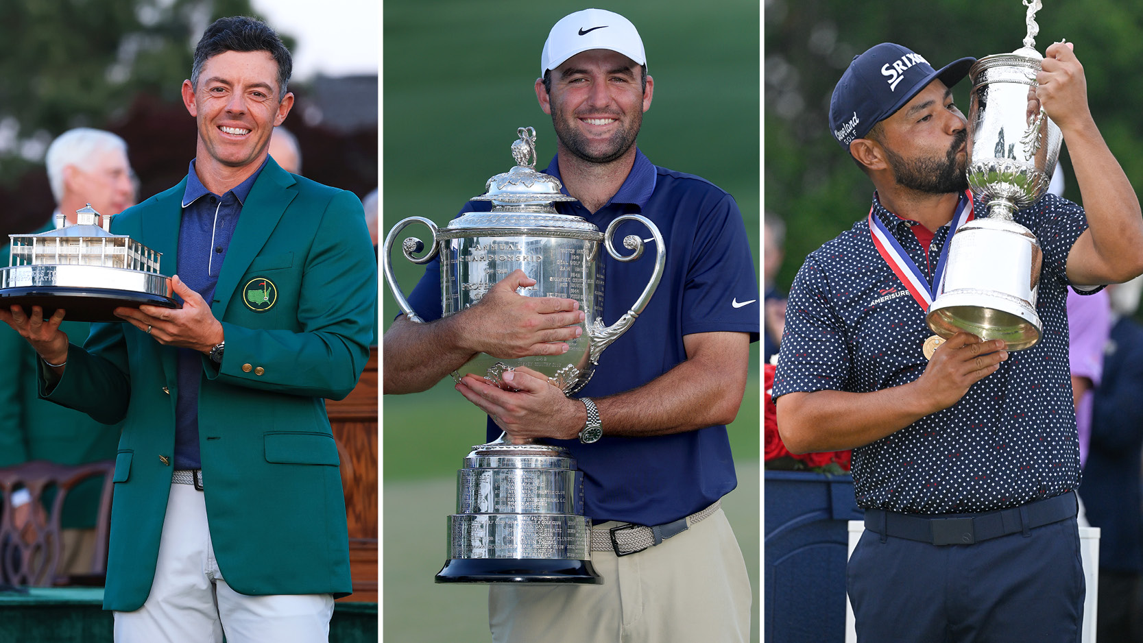 Rory McIlroy, Scottie Scheffler and J.J. Spaun hold trophies