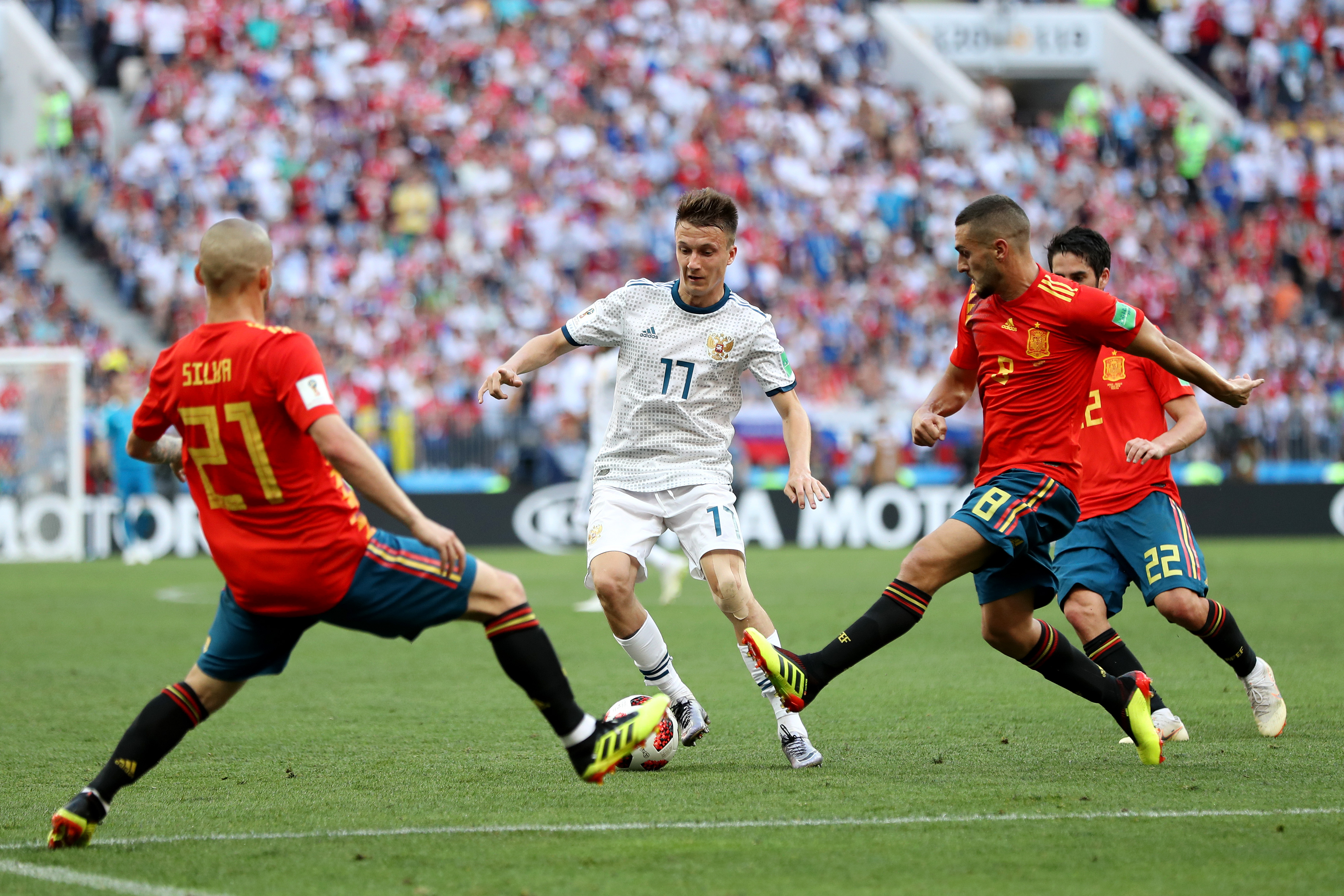 Spain in action against Russia at the 2018 World Cup.