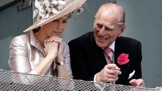 Prince Philip, Duke of Edinburgh and Sophie Rhys-Jones, Countess of Wessex wait for the start of the Epsom Derby