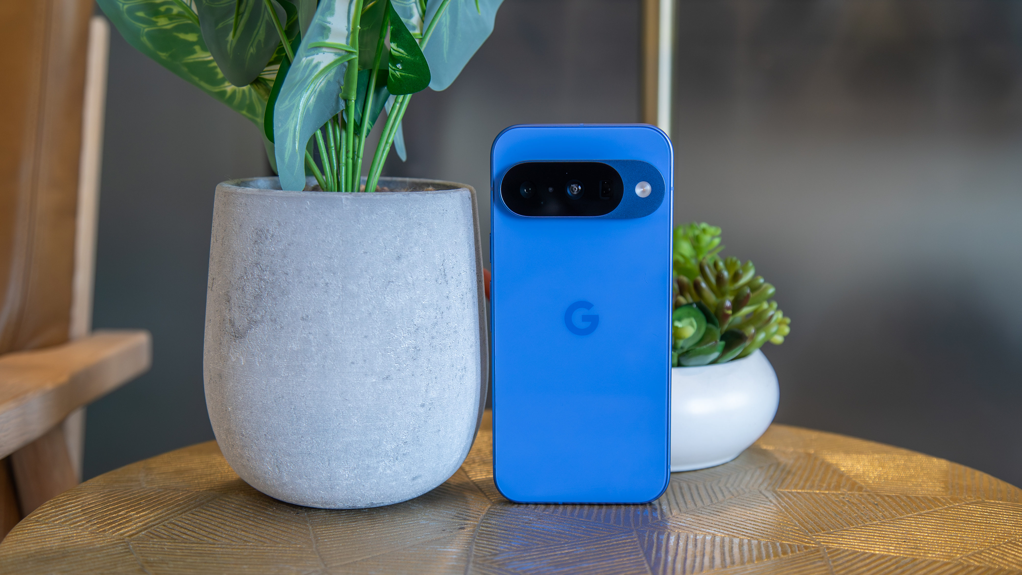 Pixel 10 next to two faux potted plants
