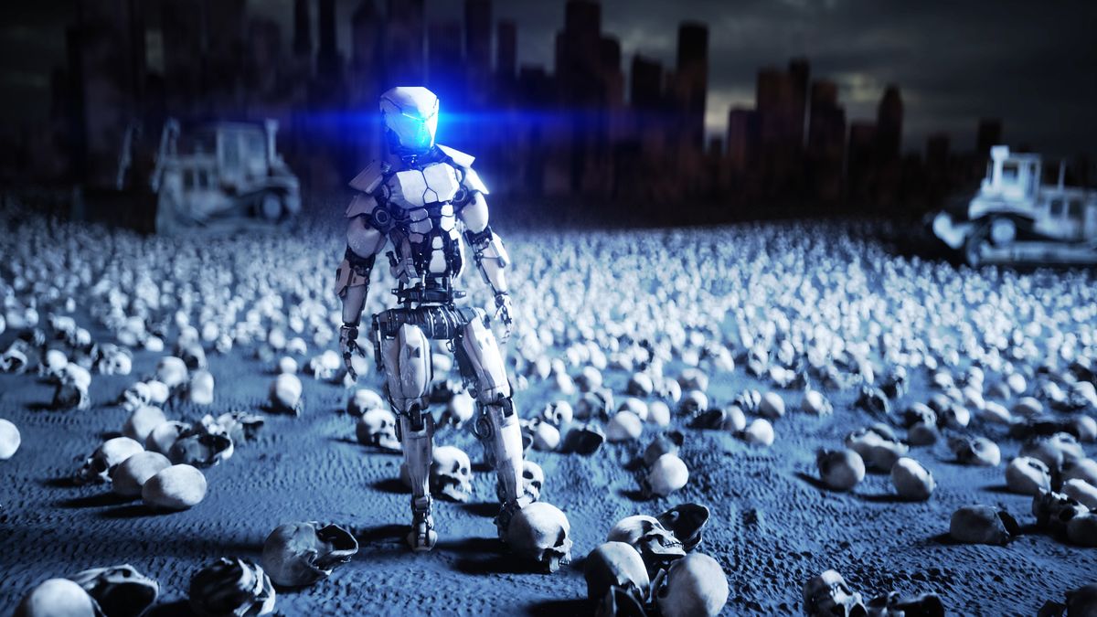 A humanoid robot standing on a sandy plain littered with human skulls.