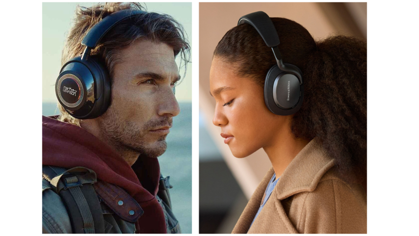 A man (left) and woman listen to HARMAN and Sound United headphones. 
