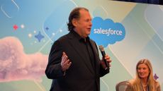 Salesforce CEO Marc Benioff pictured speaking during a media Q&A session at the 2025 Dreamforce conference in San Francisco, USA.