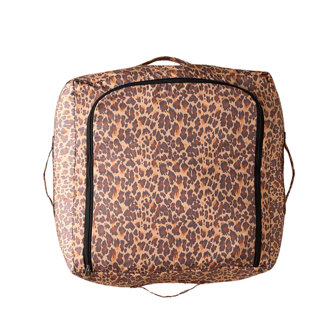 Underbed storage in cheetah print