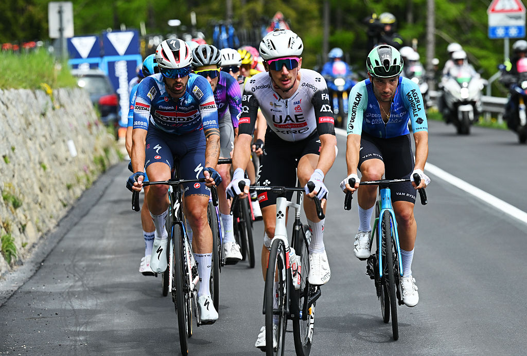 BORMIO ITALY MAY 28 LR Mattia Cattaneo of Italy and Team Soudal QuickStep Brandon McNulty of The United States and Team UAE Team Emirates XRG and Andrea Vendrame of Italy and Team Decathlon AG2R La Mondiale compete during the 108th Giro dItalia 2025 Stage 17 a 155km stage from San Michele allAdige to Bormio 1200m UCIWT on May 28 2025 in Bormio Italy Photo by Tim de WaeleGetty Images