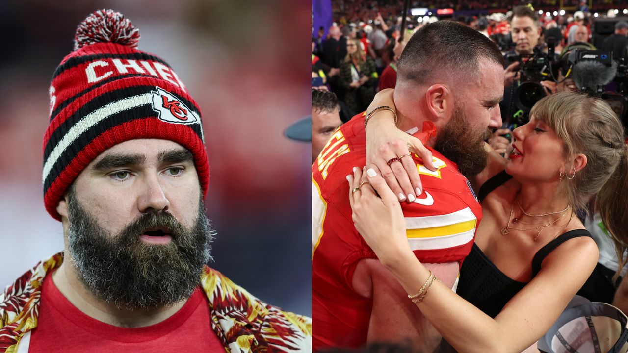 ravis Kelce #87 of the Kansas City Chiefs kisses Taylor Swift after defeating the San Francisco 49ers 2 during Super Bowl LVIII