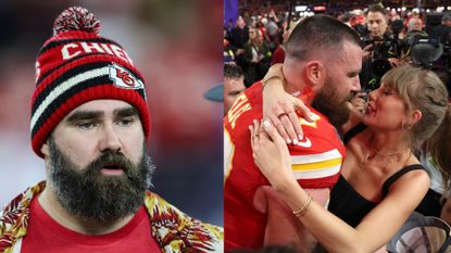 ravis Kelce #87 of the Kansas City Chiefs kisses Taylor Swift after defeating the San Francisco 49ers 2 during Super Bowl LVIII.