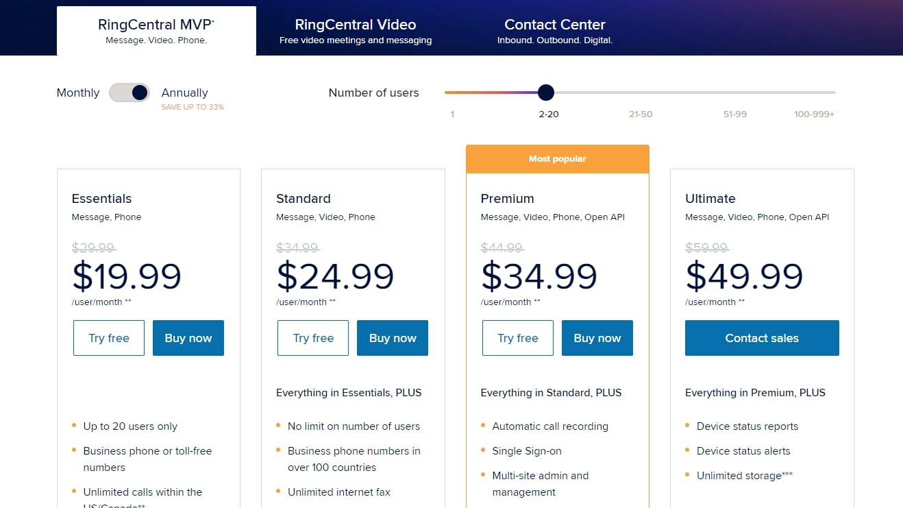 screenshot of the RingCentral Office website