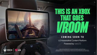 "This is an Xbox that goes Vroom" in large green text is laid over an image of an Xbox controller playing games on a screen attached to the headrest of a vehicle. 