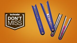 Dyson Corrale hair straighteners on an orange background with a Don't Miss badge