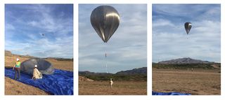 three photographs showing two people launching a large silver balloon