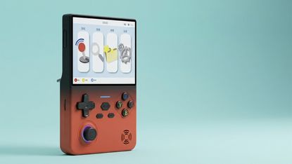 Lenovo G02 retro gaming handheld (in red) on a green background