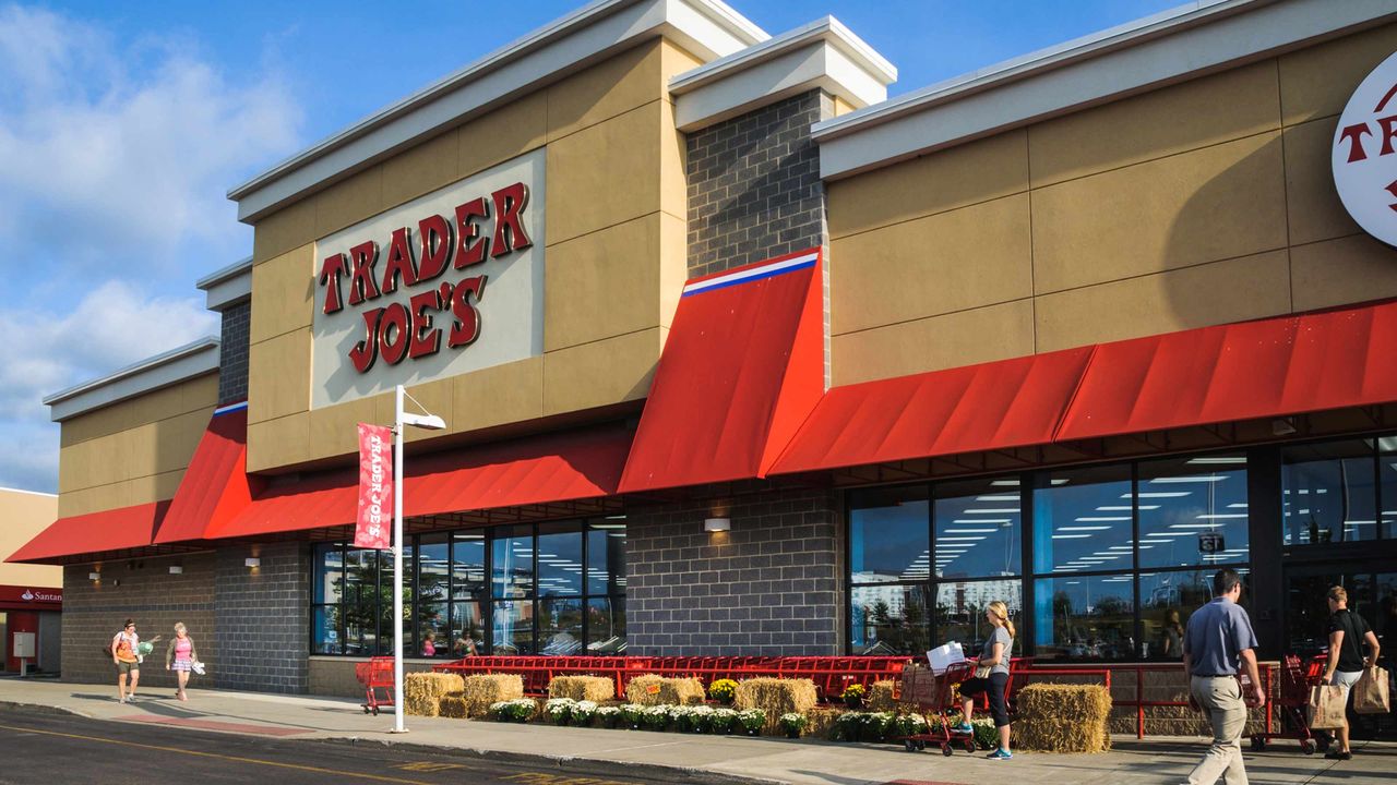 The exterior of a Trader Joe&#039;s in Foxboro, Mass.