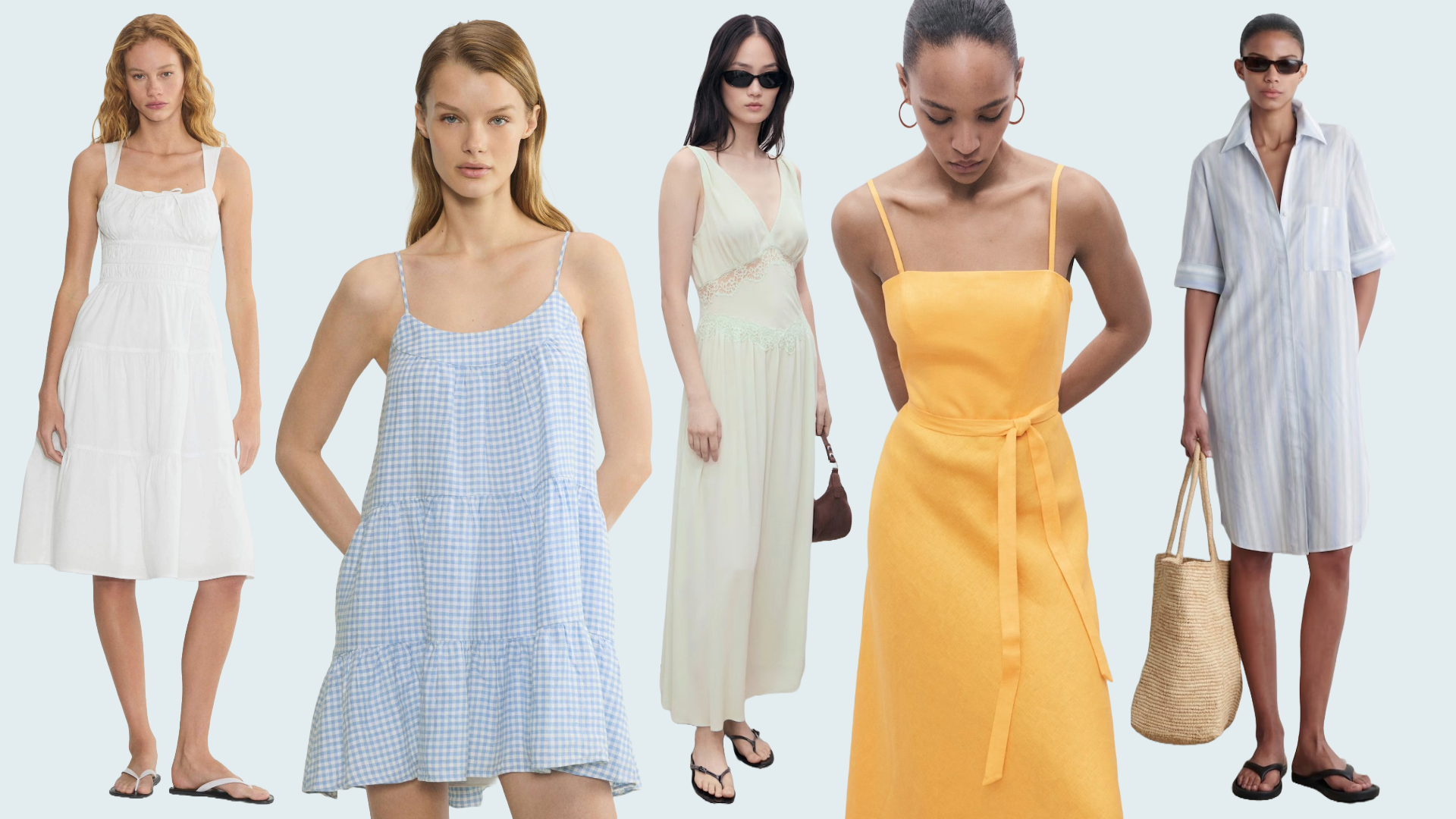Photo collage of mango, aritzia, and cos models wearing summer dresses on light blue background